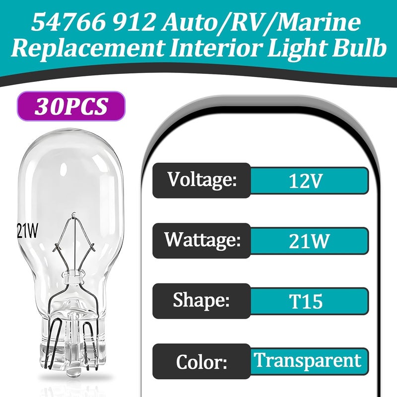 Joworthy 30 Pcs 54766 912 Bulb for Auto RV Marine Camper 12V 21W T15 Replacement 912 Interior Light Bulbs for License Plate Side Marker - Image 2